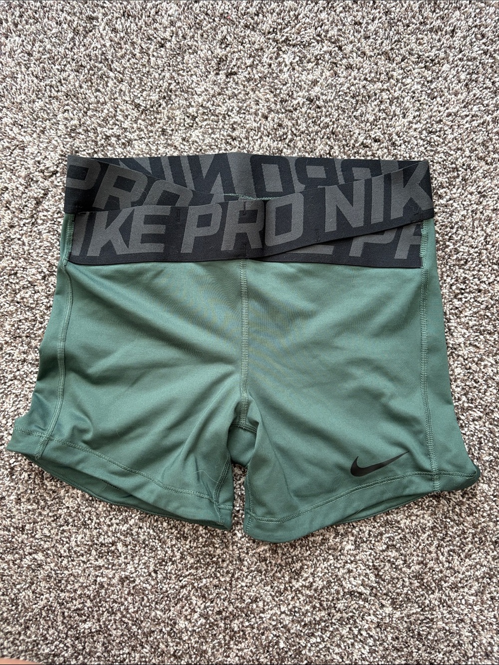 Nike Women’s Pro High-Waist Olive Green Athletic Shorts with Black Waistband